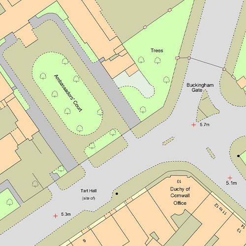 Street map illustration depicting a road, houses, trees, and places called Buckingham Gate and Ambassadors' Court. 